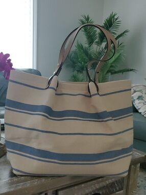 H&M Beige and Blue Striped Canvas Tote